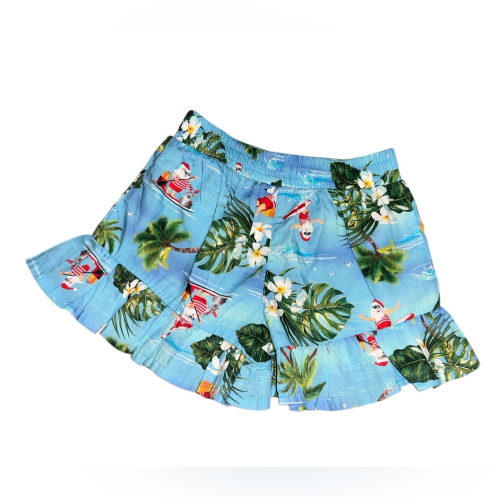 Mango Girls 2T Christmas Tropical Surfing Santa Blue Ruffle Shorts with Pockets - Picture 2 of 3